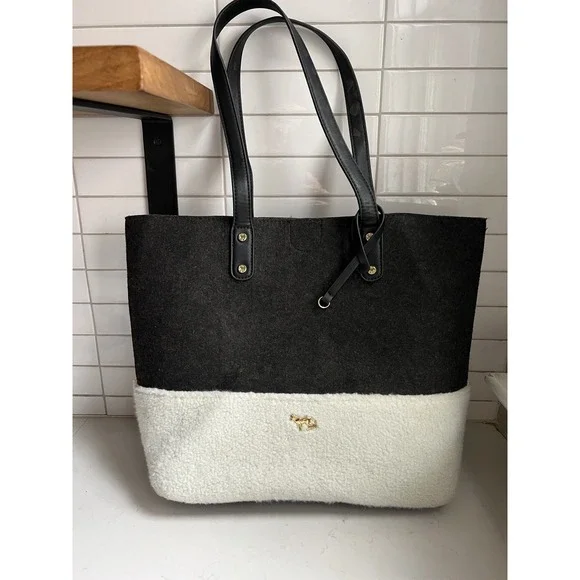 Emma Fox Caspian Shoulder Bag Tote Large Felt Sherpa Gray Cream Purse Trendy - Picture 1 of 9